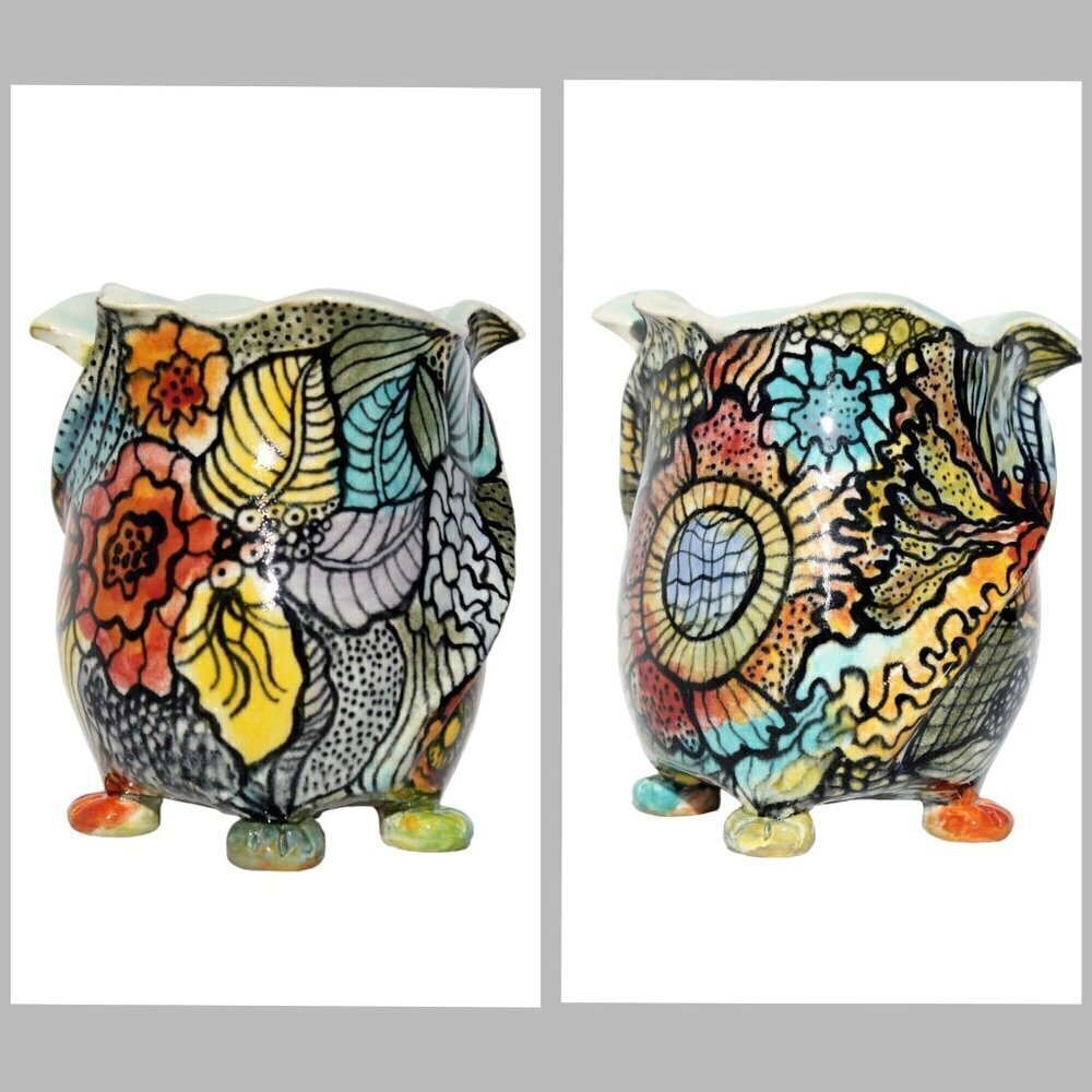 Multicolor Floral Ceramic Pottery Asymmetrical Vase Organic shape Signed